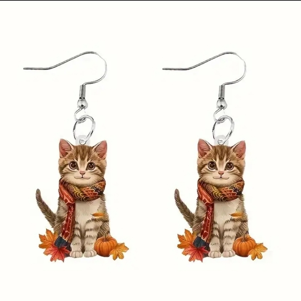 Festive Fall Cat Pierced Acrylic Dangle Earrings. NWT